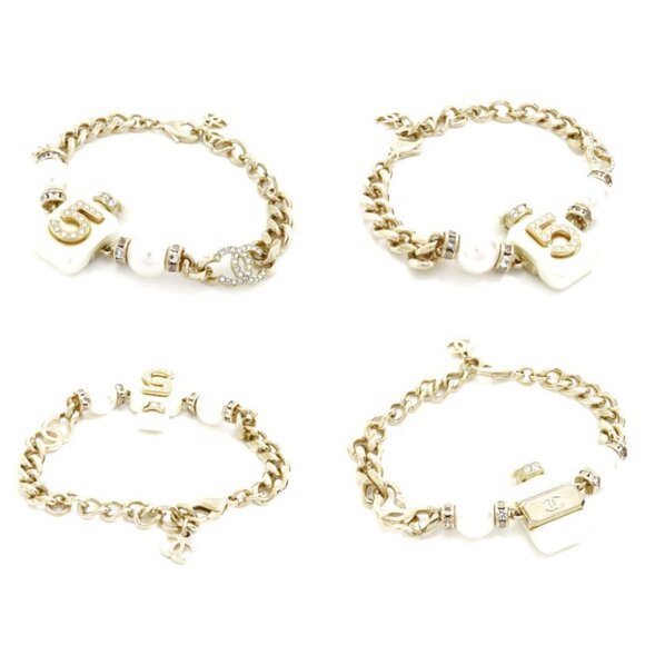 CHANEL CC Logos Rhinestone Pearl No.5 Bracelet 7.5" Gold Tone A22S Auth - Picture 3 of 10